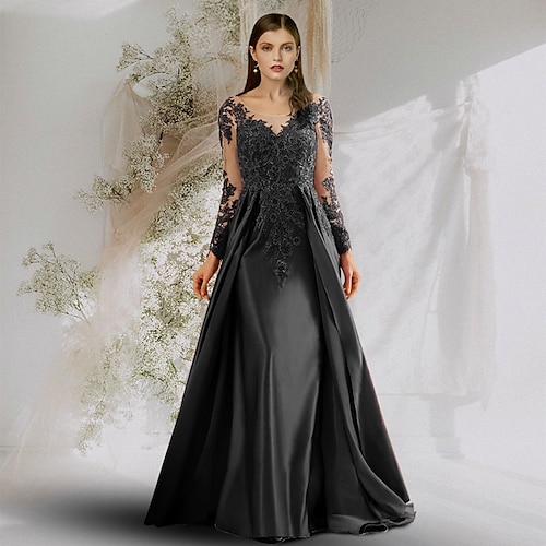 

A-Line Beautiful Back Sexy Floral Prom Formal Evening Dress Boat Neck Long Sleeve Sweep / Brush Train Satin with Appliques 2022 / Open Back