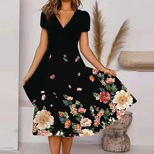 

Damen Casual kleid Schaukelkleid Midikleid Schwarz Weiß Hellgrün Kurzarm Blumen Bedruckt Frühling Sommer V Ausschnitt Urlaub Wochenende Lockere Passform 2023 S M L XL XXL 3XL 4XL