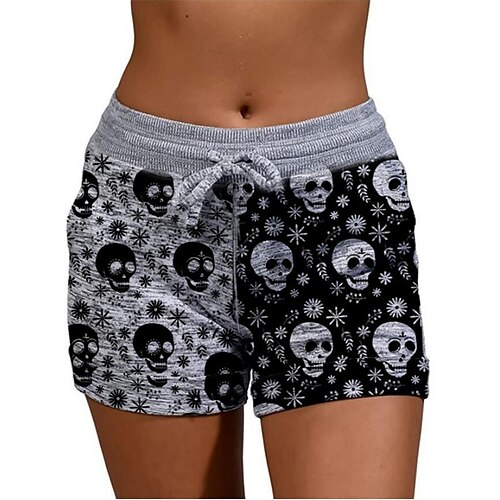 

Women's Shorts Cotton Blend Gray Mid Waist Casual / Sporty Athleisure Casual Weekend Side Pockets Print Micro-elastic Short Comfort Skull S M L XL XXL