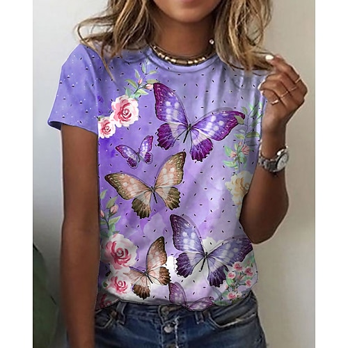 

Women's T shirt Tee Green Blue Purple Floral Butterfly Print Short Sleeve Casual Holiday Basic Round Neck Regular Floral Butterfly Painting S / 3D Print