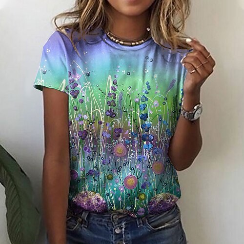 

Women's Floral Theme Painting T shirt Floral Print Round Neck Basic Tops Blue Purple Pink / 3D Print