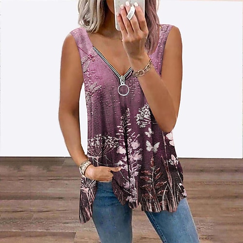 

Women's Tank Top Vest Green Pink Brown Floral Butterfly Flowing tunic Quarter Zip Sleeveless Daily Weekend Streetwear Casual V Neck Regular Floral Butterfly S / 3D Print / Print