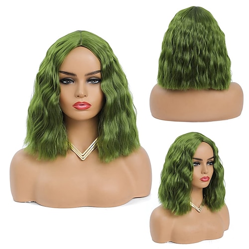 

Short Wig Green Wavy Bob curly Wig for White Women Fluffy Wigs without band outre perfect hairline wig Cosplay Wig for Girl Colorful Costume Wigs