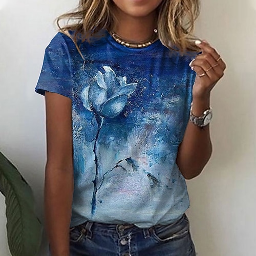 

Women's T shirt Tee Green Blue Red Rose Flower Print Short Sleeve Casual Holiday Basic Round Neck Regular Floral Painting S / 3D Print