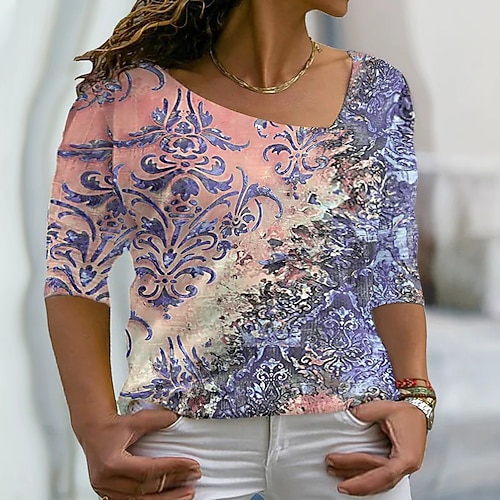 

Women's Plus Size Tops T shirt Tee Floral Print Long Sleeve V Neck Streetwear Daily Going out Cotton Blend Fall Spring Blue Pink