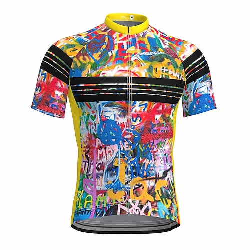 

21Grams Men's Cycling Jersey Short Sleeve Bike Top with 3 Rear Pockets Mountain Bike MTB Road Bike Cycling Breathable Quick Dry Moisture Wicking Reflective Strips Yellow Graffiti Polyester Spandex