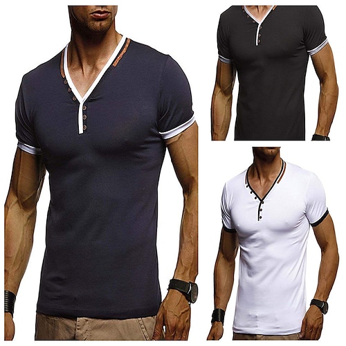 

Herren T Shirt Feste Farbe V Ausschnitt Marineblau Weiß Schwarz Casual Täglich Kurzarm Button-Down Bekleidung Baumwolle Sport Modisch Leicht Groß und hoch / Sommer