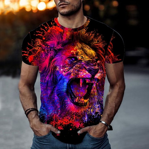 

Men's T shirt Tee Animal Lion Crew Neck Red 3D Print Outdoor Street Short Sleeve Print Clothing Apparel Sports Fashion Sportswear Casual / Summer / Spring / Summer