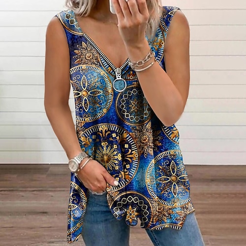 

Women's Tank Top Vest Blue Graphic Flowing tunic Quarter Zip Sleeveless Daily Weekend Streetwear Casual V Neck Regular S / 3D Print / Print