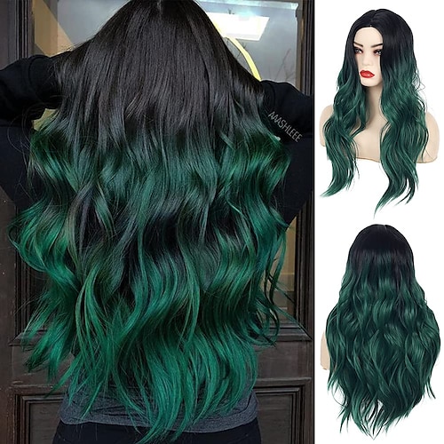 

Long Curly Wavy Gradient Black Green Wig Synthetic Natural Mid Cosplay Costume Wig for Women ChristmasPartyWigs