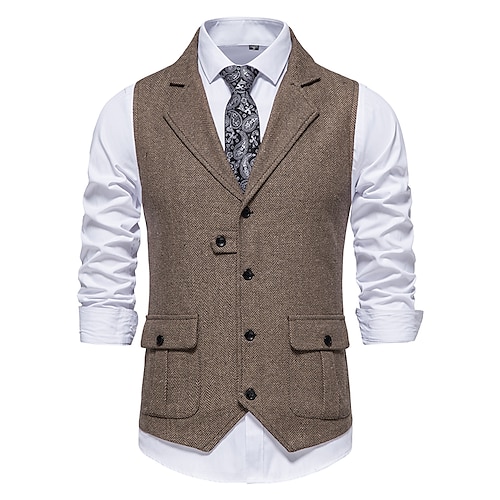 

Men's Vest Gilet Warm Party / Evening Single Breasted One-button Turndown Business Casual Jacket Outerwear Solid Color Pocket Dark Green Navy Blue Coffee / Spring / Fall / Sleeveless