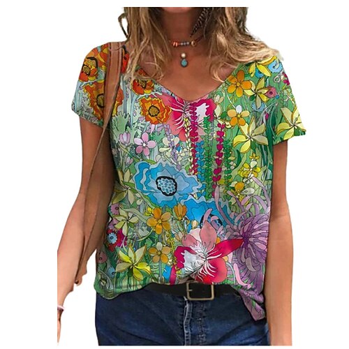 

Women's Casual Holiday Weekend Floral Butterfly Painting T shirt Tee Floral Butterfly Dandelion Short Sleeve Print V Neck Basic Tops Green Blue Purple S / 3D Print