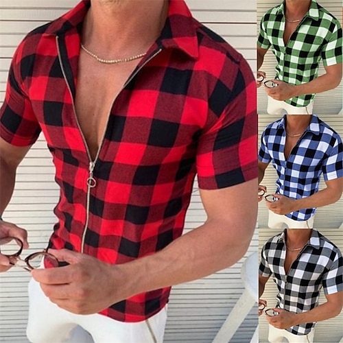 

Men's Shirt Lattice Turndown Street Casual Button-Down Print Short Sleeve Tops Casual Fashion Breathable Comfortable Green Blue Gray Summer Shirts