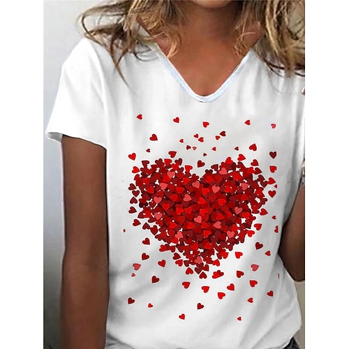 Damen - Tops - T-shirts: Damen T-Shirt Herz V-Ausschnitt Grundlegend  Oberteile Weiß / 3D-Druck (17.62 EUR)