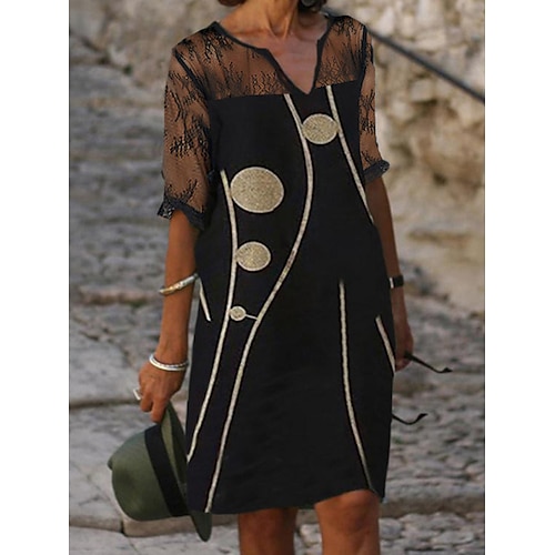 

Women's Shift Dress Midi Dress Black Half Sleeve Color Block Print Fall Spring Autumn V Neck Elegant 2023 S M L XL XXL XXXL