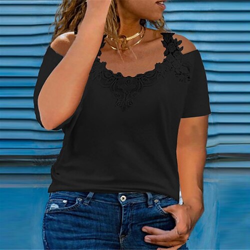 

Women's Plus Size Tops T shirt Tee Plain Cut Out Lace Short Sleeve V Neck Basic Streetwear Daily Going out Polyester Spring Summer White Black
