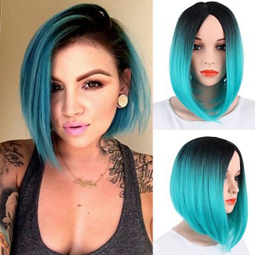 

perucas coloridas de cabelo aqua perucas azul-petróleo gradiente perucas de cabelo liso perucas de seção média perucas sintéticas de raiz preta perucas sintéticas resistentes ao calor perucas