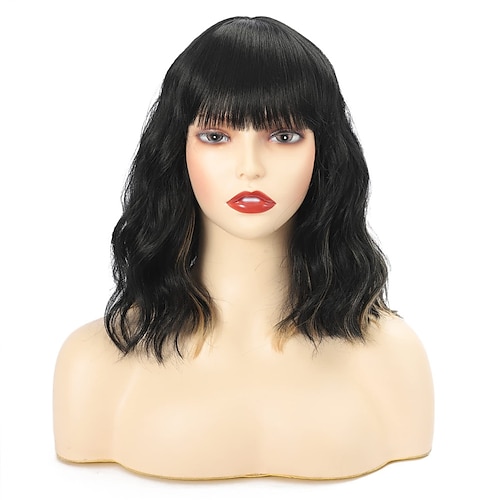 

Tip Color Natural Wavy Wig With Air Bangs Black to Ash Blonde Bob Wigs for Women's Shoulder Length Curly Wavy Cosplay Bob Wig for Girls(12T1B/27