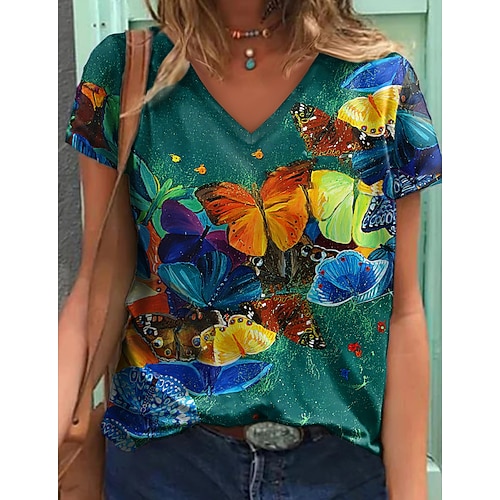 

Women's T shirt Tee Green Butterfly Print Short Sleeve Casual Weekend Basic V Neck Regular Butterfly Painting S