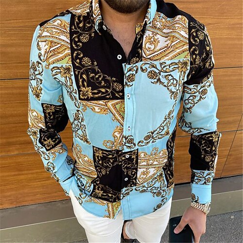 

Camisa masculina xadrez floral gráfico turndown street casual estampa de botão para baixo tops manga longa moda casual respirável confortável camisas de verão azul