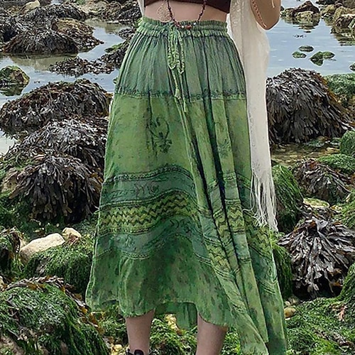 

Women's Skirt Swing Maxi Polyester Green Skirts Summer Drawstring Print Boho Hippie Gypsy Holiday Weekend S M L / Loose Fit
