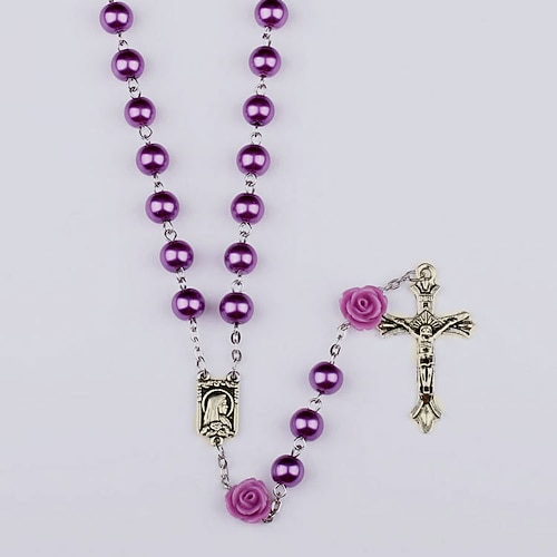 

Catholic Pearl Beads Rosary Necklace Our Rose Lourdes Medal & Cross NS Flowers Necklace 1pcs