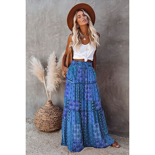 dámská sukně houpačka dlouhá sukně bohemia maxi sukně stahovací potisk grafika jednobarevná kauzální dovolená jaro &amp; letní vintage boho červená modrá fialová