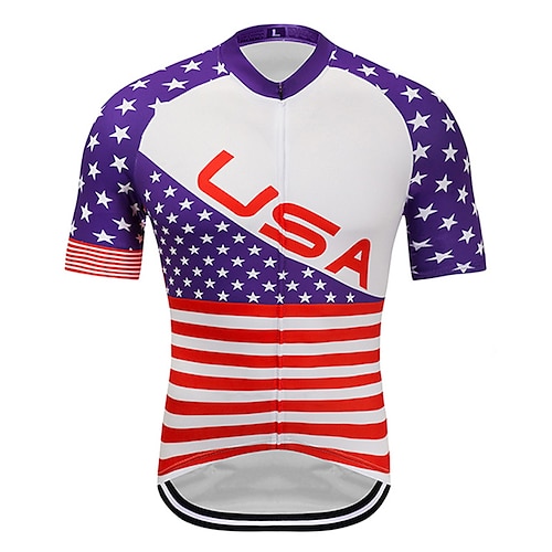 

21Grams Men's Cycling Jersey Short Sleeve Bike Top with 3 Rear Pockets Mountain Bike MTB Road Bike Cycling Breathable Quick Dry Moisture Wicking Reflective Strips Red Blue USA National Flag Polyester