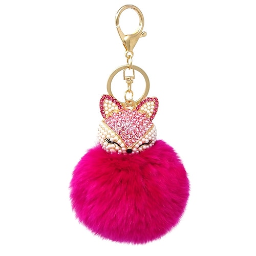 

Faux Rabbit Fur Pom Pom Keychain Fashion Fox Head Car Keychain with Rhinestones for Womens Bag School Bag Cellphone or Car Pendant 1PCS