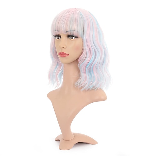 

Natural Wavy Wig With Air Bangs Short Bob Piano Color Wigs Women's Shoulder Length Wigs Curly Wavy Synthetic Cosplay Wig Pastel Bob Wig for Girl Colorful Wigs(12Pink & Sky Blue Mixed)
