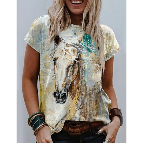 

Women's T shirt Tee Yellow Animal Print Short Sleeve Casual Holiday Basic Round Neck Regular Abstract Painting S / 3D Print