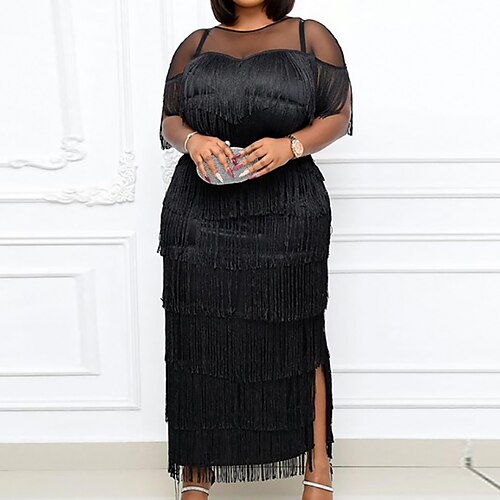 

Women's Plus Size Party Dress Solid Color Crew Neck Tassel Fringe Half Sleeve Fall Spring Prom Dress Maxi long Dress Party Dress / Homecoming Dress / Mesh