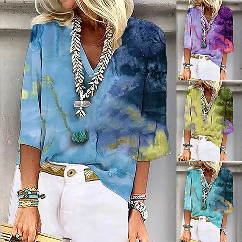 

Women's Blouse T shirt V Neck Print Tie Dye Modern V Neck Regular Spring & Fall Blue Purple Yellow Light Blue