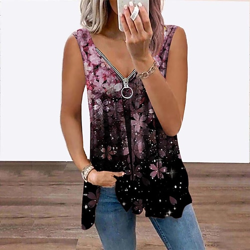 

Women's Tank Top Vest Blue Pink Yellow Floral Flowing tunic Quarter Zip Sleeveless Daily Weekend Streetwear Casual V Neck Regular Floral S / 3D Print / Print