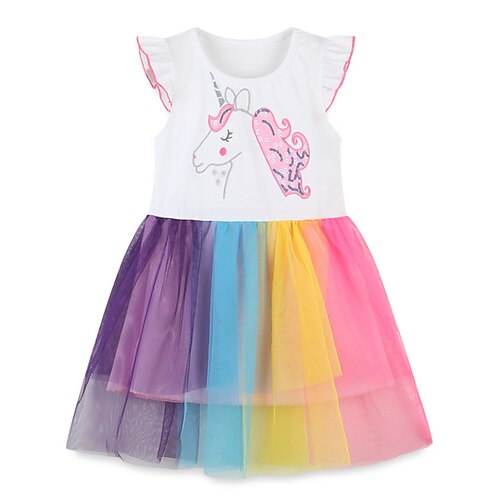 

Kids Girls' Dress Cartoon A Line Dress Knee-length Dress Ruched Cotton Short Sleeve Cute Dress 2-8 Years Fall Rainbow