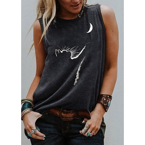 

Women's Tank Top Blue Purple Light gray Graphic Animal Print Sleeveless Daily Holiday Basic Round Neck Regular S / Cat