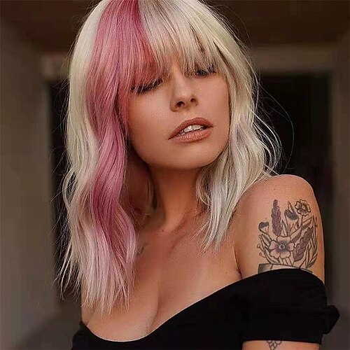 

Highlight Pink Wigs With Air Bangs Natural Blonde Wave Wig Women's Shoulder Length Wigs Curly Wavy Synthetic Cosplay Bob Wig for Women(12Highlight Pink)