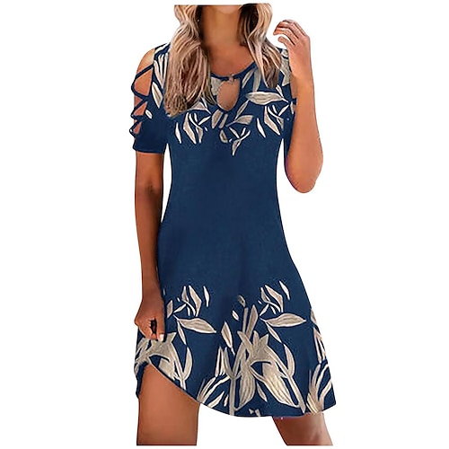 

Women's Shift Dress Knee Length Dress Black Navy Blue Short Sleeve Print Hollow Out Spring Summer Crew Neck Casual 2022 S M L XL XXL XXXL