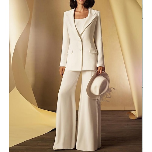 

Pantsuit 3 Piece Suit Mother of the Bride Dress Plus Size Elegant Jewel Neck Floor Length Stretch Satin Long Sleeve with Buttons 2022