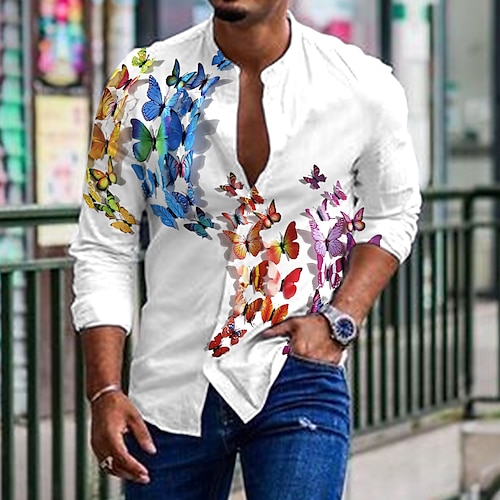 

Homens Camisa Social Camisa Gráfica Animal Borboleta Pena Colarinho Chinês Azul Roxo Impressão 3D Ao ar livre Casual Manga Longa Botão para baixo Imprimir Roupa Moda Designer Casual Confortável