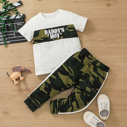 

2 Pieces Kids Boys T-shirt & Pants Clothing Set Outfit Letter Camo Short Sleeve Print Set Outdoor Sports Cool Summer 1-5 Years Black White