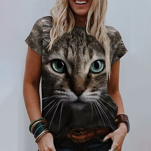 

Women's T shirt Tee Brown Cat 3D Print Short Sleeve Casual Weekend Basic Round Neck Regular 3D Cat Painting S