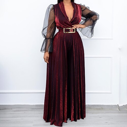 

Women's Plus Size Party Dress Velvet Solid Color V Neck Mesh Long Sleeve Fall Spring Prom Dress Maxi long Dress Formal Vacation Dress