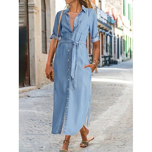 

Women's Casual Dress Denim Dress Midi Dress Blue Half Sleeve Pure Color Ruched Fall Spring Autumn V Neck 2022 S M L XL XXL 3XL