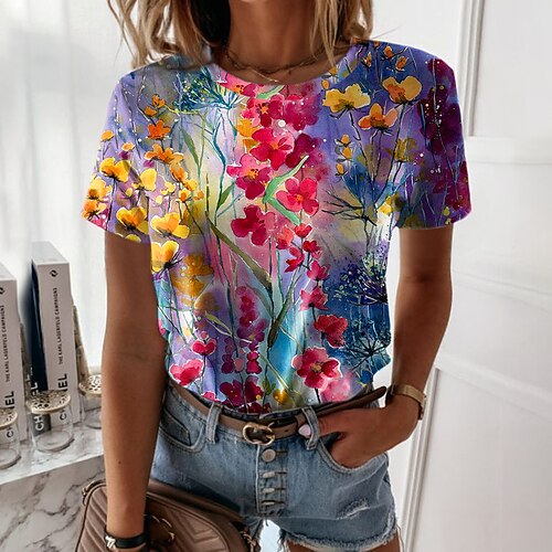

Women's T shirt Tee Red Floral Print Short Sleeve Casual Holiday Basic Round Neck Regular Floral Painting S / 3D Print