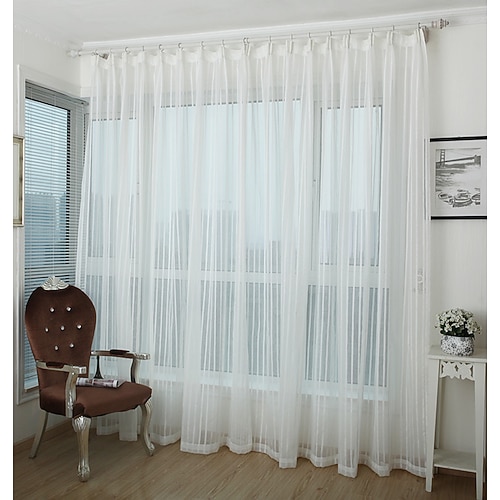 

1 Panel White Sheer Strip Curtain Window Drapes Clear Curtain Basic Panel Voile to Light Filtering Airy for Bedroom Living Room
