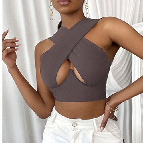 

Women's Crop Top Tank Top Vest Halter Crisscross Tank Green Blue Pink Plain Criss Cross Cut Out Sleeveless Party Holiday Basic Streetwear Sexy Halter Neck Regular Slim S