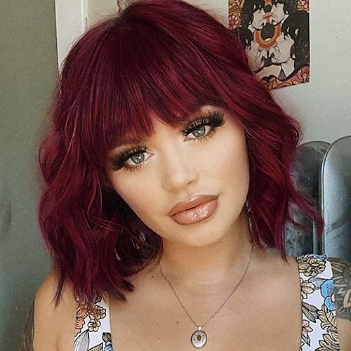 

Burgundy Wigs for Women Short Wavy Bob Wig with Bangs for Women Isweet Pastel Bob Wavy Wine Red Wig with Bangs Shoulder Length Synthetic Wigs for Girls (10 Inch Wine Red) ChristmasPartyWigs