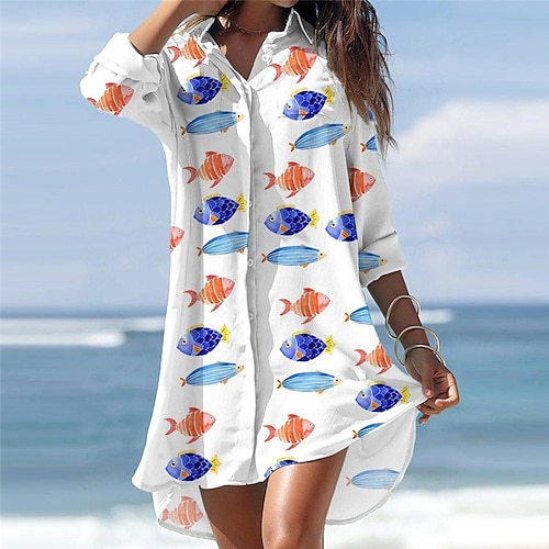 

Femme Robe chemise manche longue Hiver Automne - Moderne Bouton Imprimer Animal Floral Col de Chemise Ample 2022 Bleu Bleu de minuit S M L XL XXL 3XL