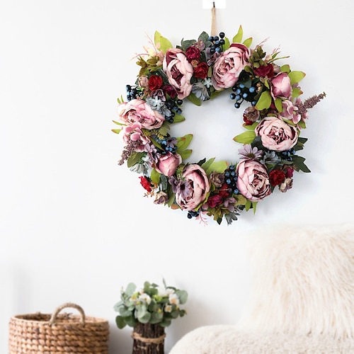 

Guirnalda de peonía vintage simulación diamante rosa boda puerta de casa corona colgante, flores falsas para boda arco jardín pared fiesta en casa hotel oficina arreglo decoración